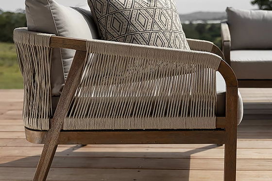 Sofá de tecido de corda Patio Set AJUNION Quadro de madeira de teca Mobiliário exterior para jardins de praia