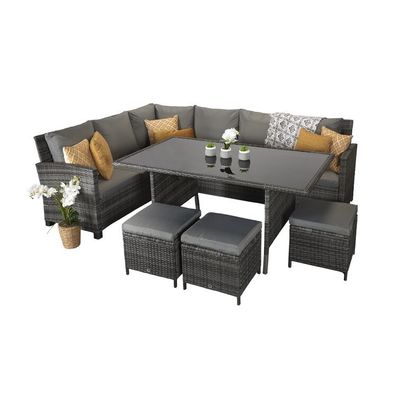 Recreação ao ar livre AJUNION 9 Assentos PE Rattan Mobiliário de Jardim Comedor com almofadas