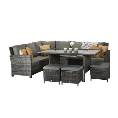 Recreação ao ar livre AJUNION 9 Assentos PE Rattan Mobiliário de Jardim Comedor com almofadas