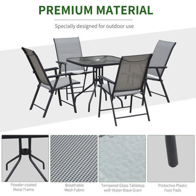 Silla dobrável Mobiliário de pátio 4 lugares Set de refeição com tampa de vidro e buraco para guarda-chuva