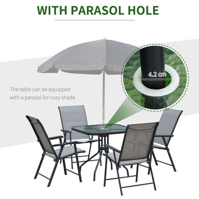 Silla dobrável Mobiliário de pátio 4 lugares Set de refeição com tampa de vidro e buraco para guarda-chuva