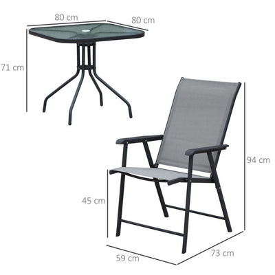Silla dobrável Mobiliário de pátio 4 lugares Set de refeição com tampa de vidro e buraco para guarda-chuva