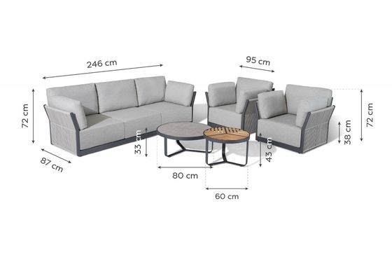 Sofá exterior comercial com estrutura de alumínio e mesa de café Dia80 x H33cm