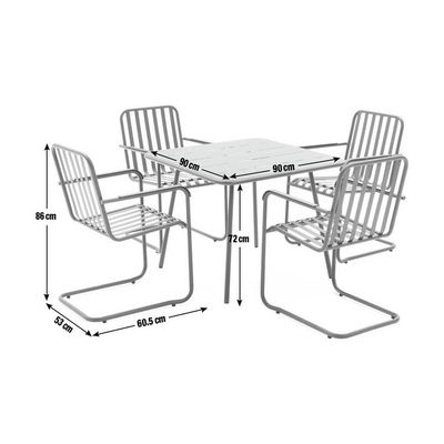 Mobiliário de jardim de metal e aço de 4 lugares com mesa quadrada e cadeiras de jantar