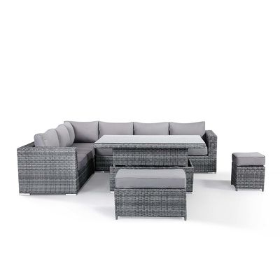 Conjunto de jardim moderno de rotão com sofá de refeição e mesa elevada