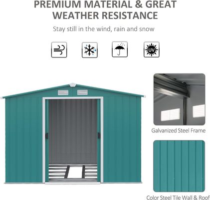 2.06D x 2.58W x 1.78H metros Porta deslizante dupla Edifício de jardim de metal Galpão com 4 saídas de ar