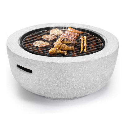 Branco 3 em 1 Redondo Chaminé de madeira Carvão de carvão Grill Grill Table Chaminé de pedra artificial com logotipo personalizado