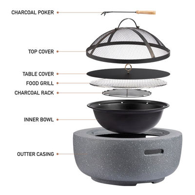 Branco 3 em 1 Redondo Chaminé de madeira Carvão de carvão Grill Grill Table Chaminé de pedra artificial com logotipo personalizado