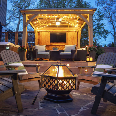 Hexagon Crossweave Steel Wood Burning Fire Pit Bowl para pátio e jardim ao ar livre
