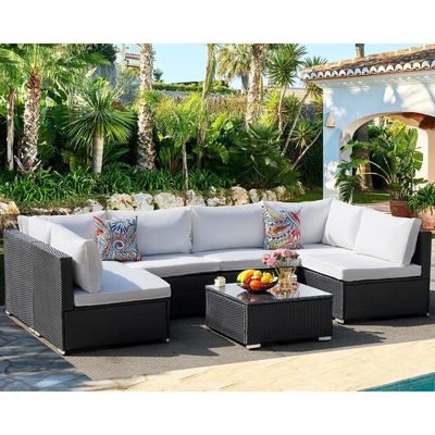 Mobiliário de exterior AJUNION 7 peças PE Rattan Wicker Sofá Seccional para jardim