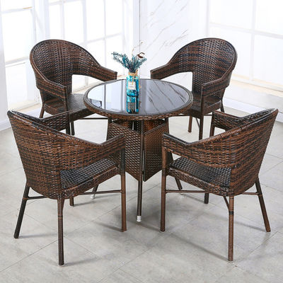 Logotipo personalizado de mesa de jantar e cadeiras de rotão de PE tecido para hotel Outdoor Patio Armchair Set