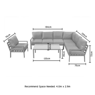 Quadro de alumínio Sofá de jardim moderno em forma de L com mesa de café Tamanho L 120 x W60 x H45cm