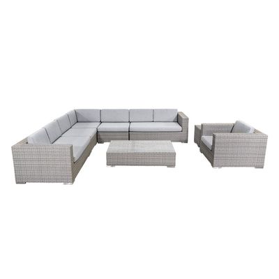 Sofá de jardim de tamanho grande em forma de L Sofá de jardim de madeira PE Sofá de ar livre 8 peças Rattan Set de móveis de ar livre