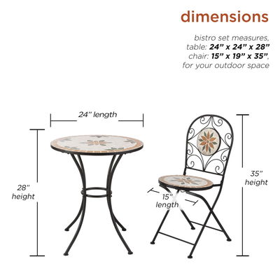 AJUNION 3 peças mosaico de ferro telha Patio Bistro Conjunto com mesa de cerâmica e cadeiras dobráveis