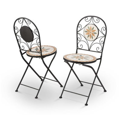 AJUNION 3 peças mosaico de ferro telha Patio Bistro Conjunto com mesa de cerâmica e cadeiras dobráveis