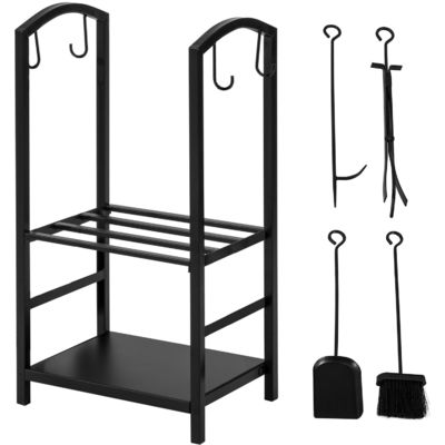 2 Tiers Rack de lenha de fogão W46 x D30 x H75cm Porta-lugar de lareira com lareira e 4 ferramentas