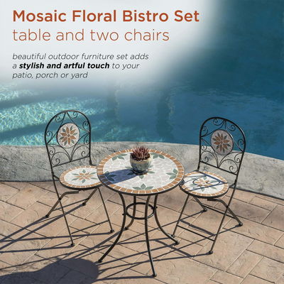 AJUNION 3 peças mosaico de ferro telha Patio Bistro Conjunto com mesa de cerâmica e cadeiras dobráveis