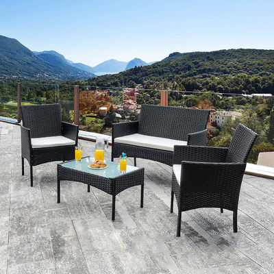 Conjunto exterior pátio jardim pátio de quatro peças de plástico de ratão Wicker sofás cadeira mesa