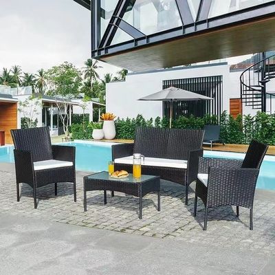 Conjunto exterior pátio jardim pátio de quatro peças de plástico de ratão Wicker sofás cadeira mesa