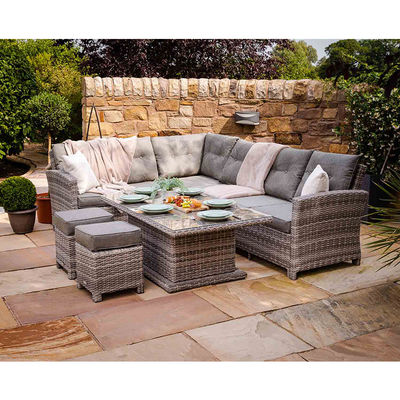 PE Rattan AJUNION Sofá de esquina exterior set de pátio com mesa de jantar ajustável