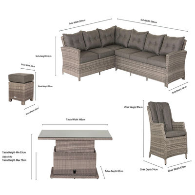 PE Rattan AJUNION Sofá de esquina exterior set de pátio com mesa de jantar ajustável