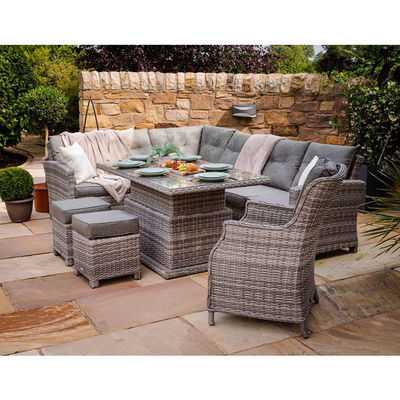 PE Rattan AJUNION Sofá de esquina exterior set de pátio com mesa de jantar ajustável
