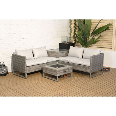 Sofá exterior de rotão com mesa de fogão e caixa de armazenamento