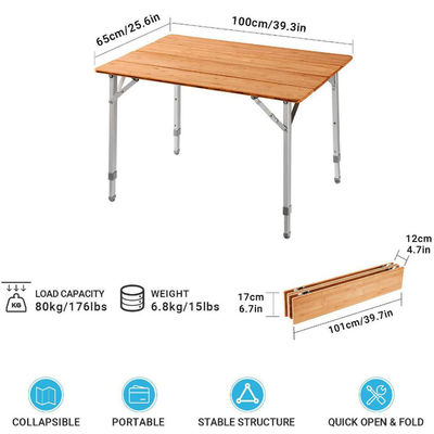 100*65cm Mesa de mesa de madeira de metal de bambu dobrável de piquenique Mesa de jantar para acampamento ao ar livre