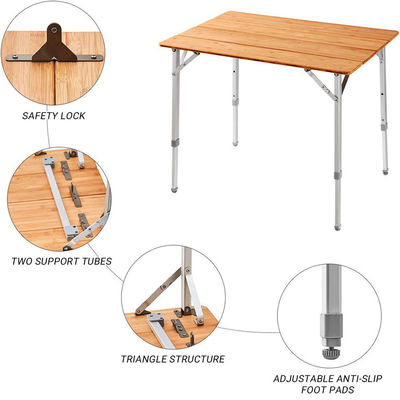 100*65cm Mesa de mesa de madeira de metal de bambu dobrável de piquenique Mesa de jantar para acampamento ao ar livre
