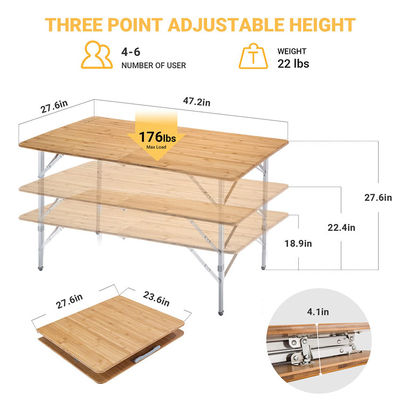 120*70cm Mesa de Patio Jardim de Alumínio de Bambú de mesa dobrável para piquenique Camping Jantar