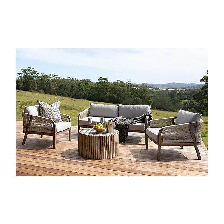 Sofá de tecido de corda Patio Set AJUNION Quadro de madeira de teca Mobiliário exterior para jardins de praia