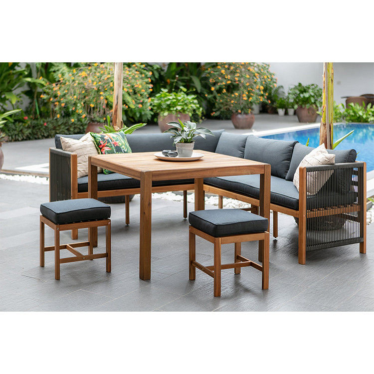 Conjunto de refeições ao ar livre com sofá de canto de madeira maciça e banco de 3 lugares para refeições relaxantes