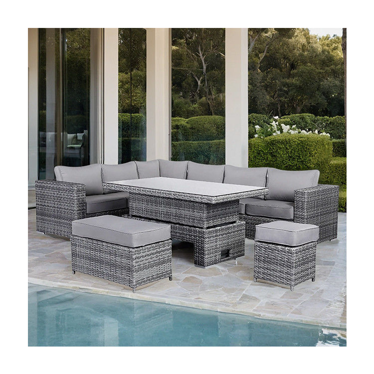 Conjunto de jardim moderno de rotão com sofá de refeição e mesa elevada