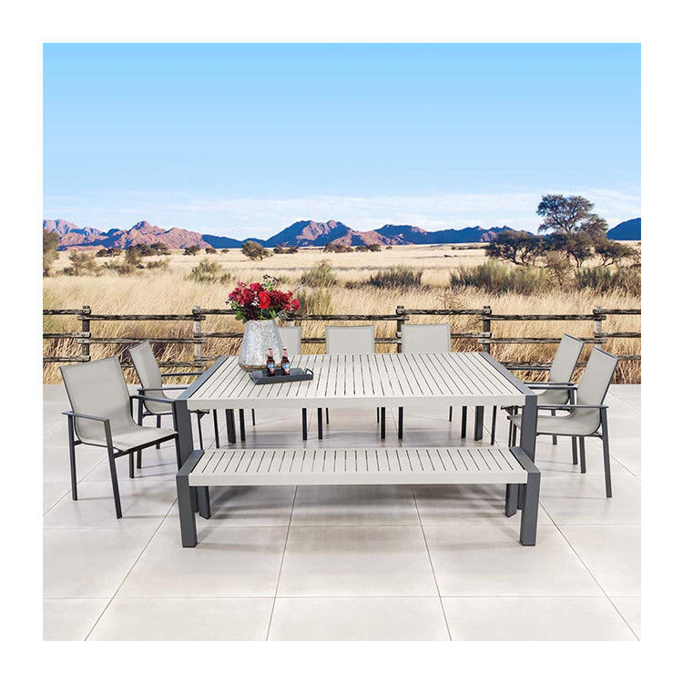 Conjunto de refeições ao ar livre com banco AJUNION 9 peças Alumínio Quadro e Metal Mobiliário Patio