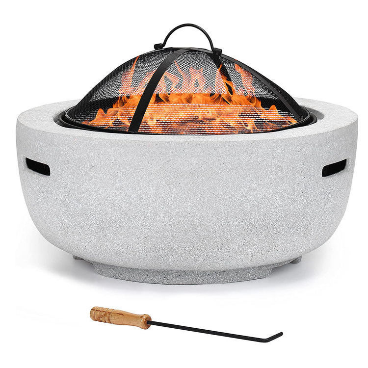 Branco 3 em 1 Redondo Chaminé de madeira Carvão de carvão Grill Grill Table Chaminé de pedra artificial com logotipo personalizado