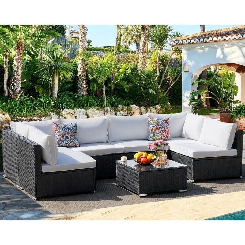 Mobiliário de exterior AJUNION 7 peças PE Rattan Wicker Sofá Seccional para jardim
