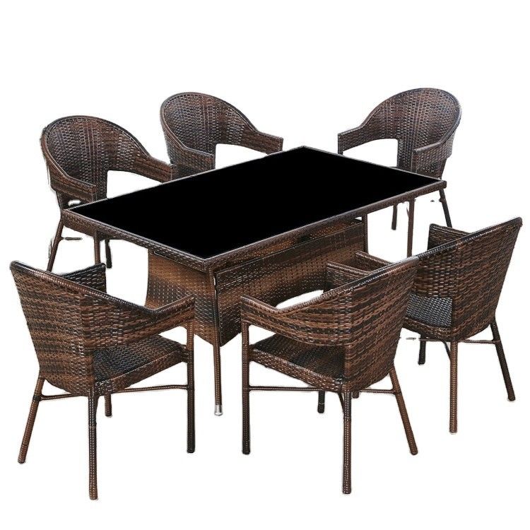 Logotipo personalizado de mesa de jantar e cadeiras de rotão de PE tecido para hotel Outdoor Patio Armchair Set