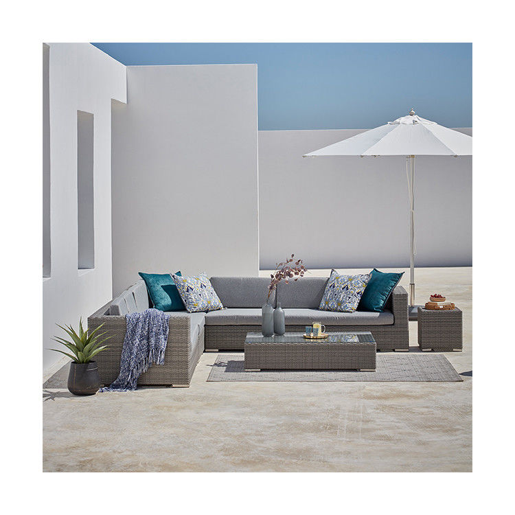 Sofá de jardim de tamanho grande em forma de L Sofá de jardim de madeira PE Sofá de ar livre 8 peças Rattan Set de móveis de ar livre