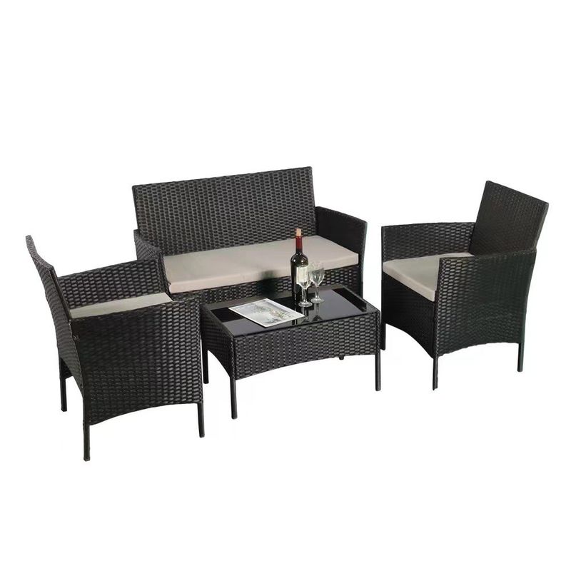 Conjunto exterior pátio jardim pátio de quatro peças de plástico de ratão Wicker sofás cadeira mesa