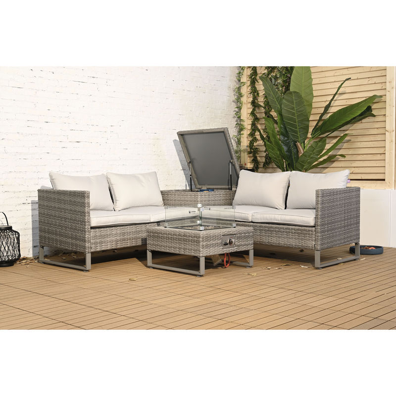 Sofá exterior de rotão com mesa de fogão e caixa de armazenamento