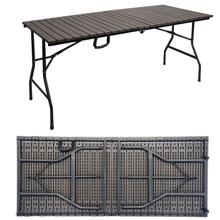 Metal para exterior dobrável portátil madeira de grãos HDPE plástico dobrável cerveja mesa de jantar de piquenique